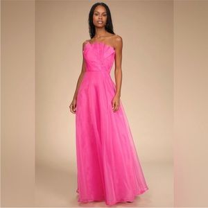 NWT Lulu's Serenity Hot Pink Strapless Organza Maxi Dress